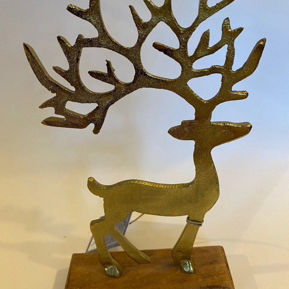 Gold Metal Reindeer Figurine on Wood Base Antique Brass-Tone Stag Statue